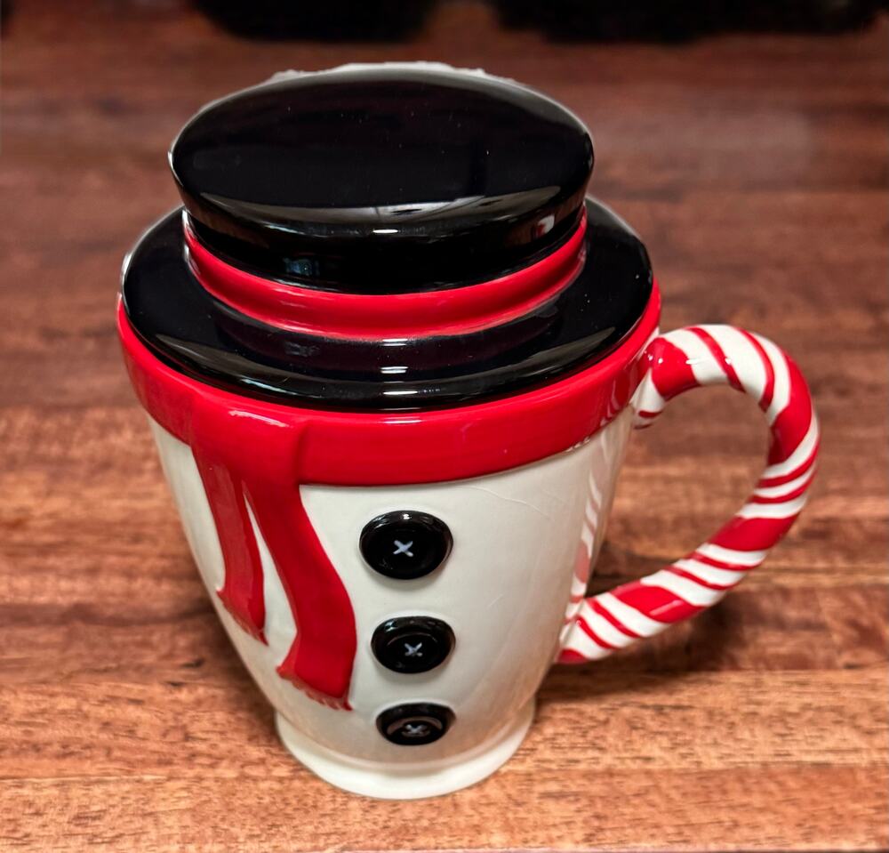 Two 

HALLMARK CHRISTMAS COFFEE/COCOA MUG CUP SNOWMAN, CANDY CANE HANDLE, 16 oz.